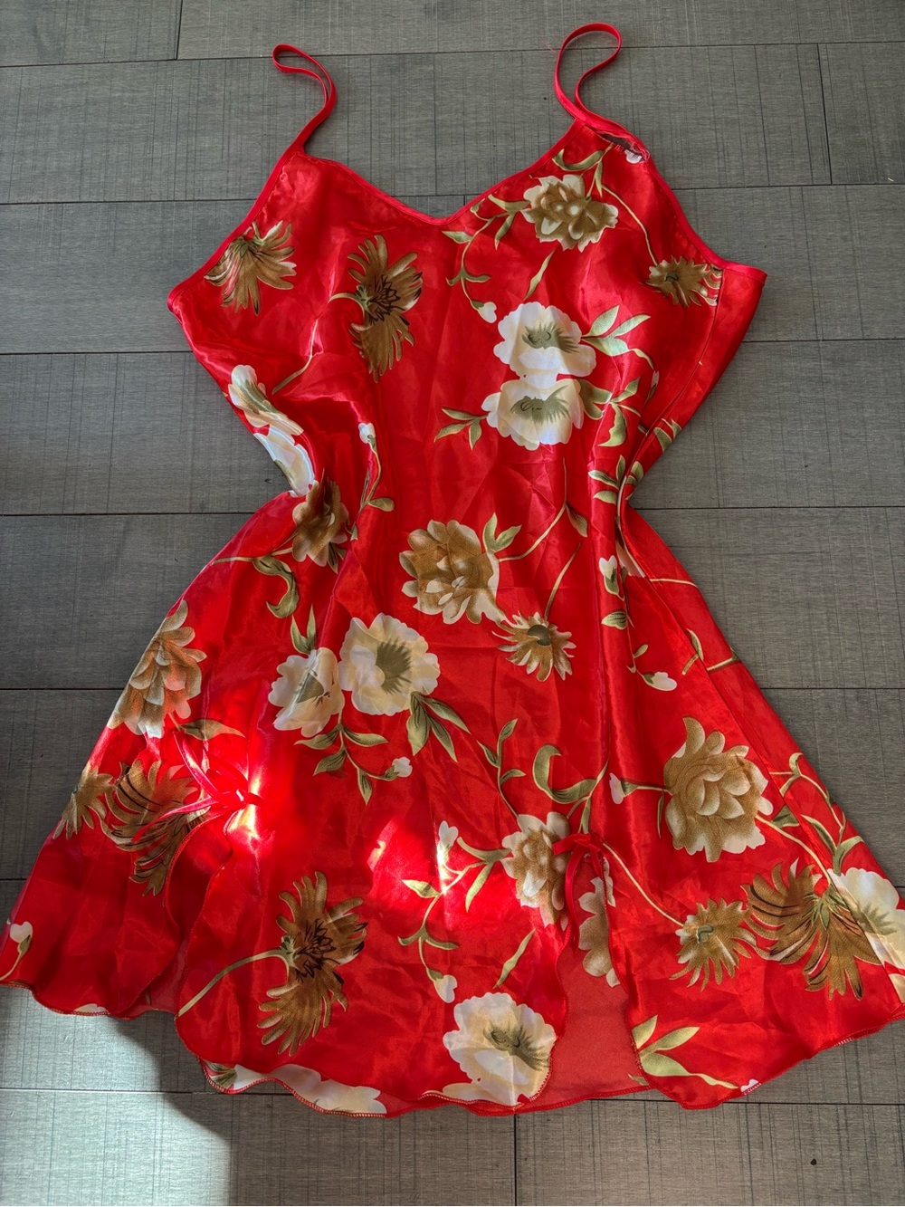 🌺5/$25🌺Coquette Girl-Red Floral Satin Slip Dress-Strap Needs Reinforcement